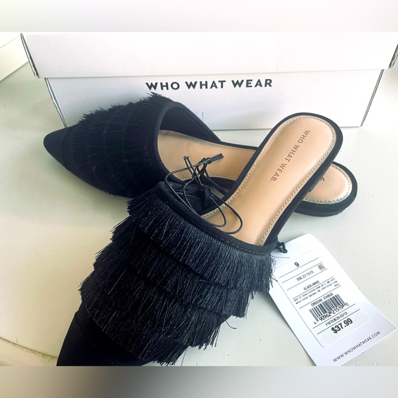 SIZE 9 Who What Wear Annie Black Fringe Mules NWT - Picture 2 of 6
